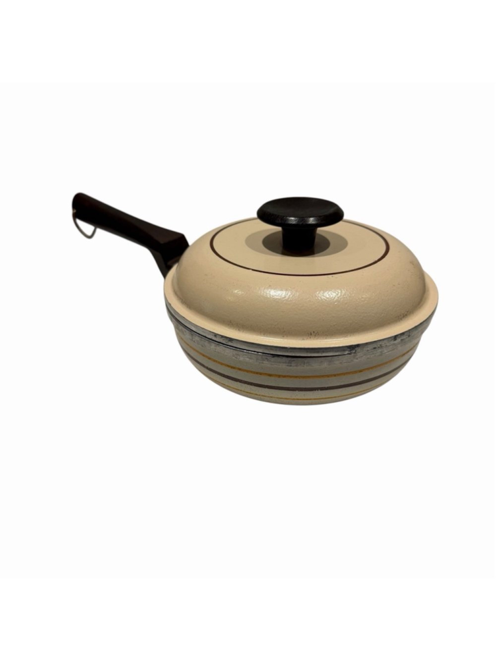 VTG Regal Ware 7” Covered Fry Pan Skillet 1.5 Qt Harvest Stripe Faux Wood USA